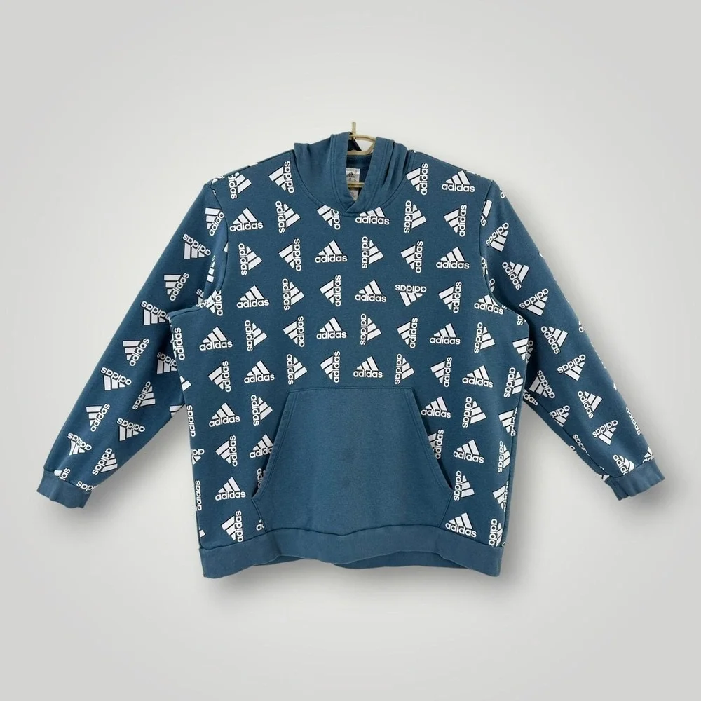 Adidas Hoodie‎ Mens 3XL Blue All Over Logo Print Pullover Fleece Sweatshirt
